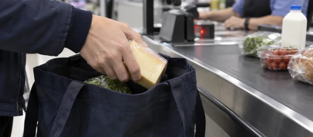 Close-up of a wrapped block of cheese being placed into a shopping bag